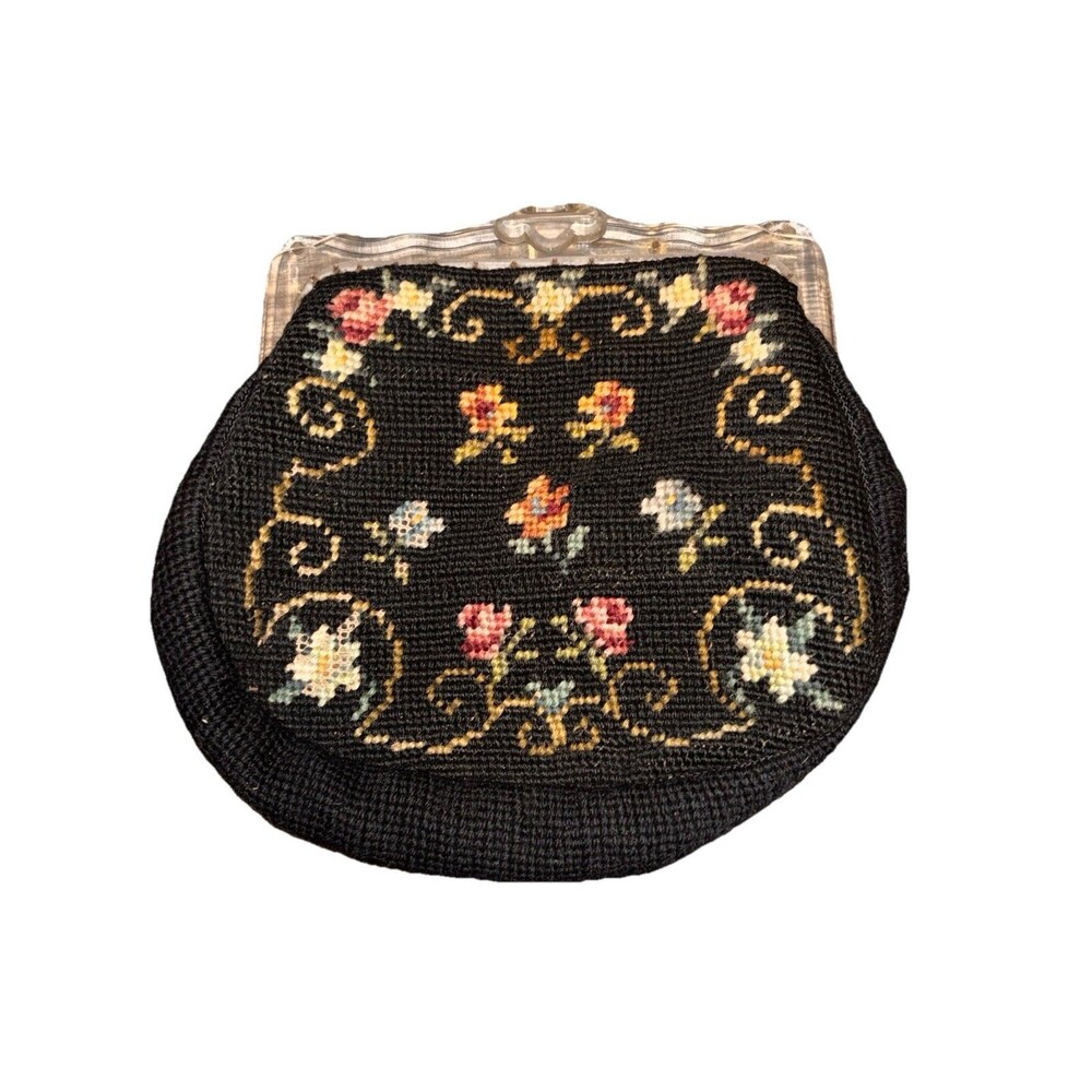 Vintage 50’s Needlepoint Christine Custom Bag Detroit Blk Floral Lucite closure